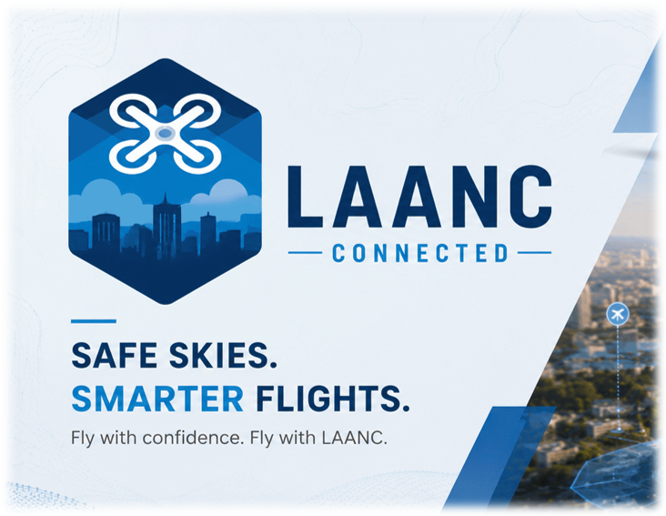 LAANC Connected logo with skyline and drone icon, promoting safe skies and smarter flights, with tagline 'Fly with confidence. Fly with LAANC.'