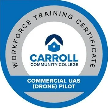 Workforce training certificate badge for a Commercial UAS drone pilot from Carroll Community College.
