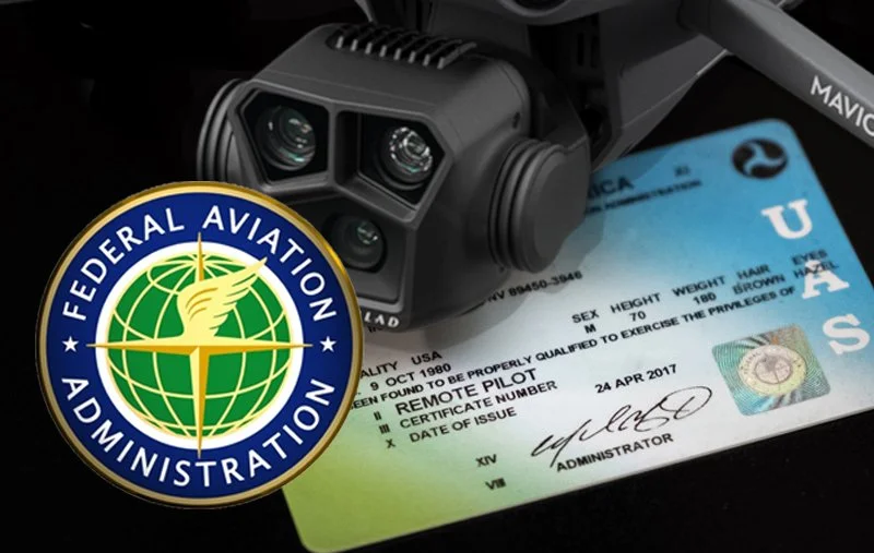 Federal Aviation Administration logo, a drone camera, and a green remote pilot certificate demonstrating drone pilot credentials.