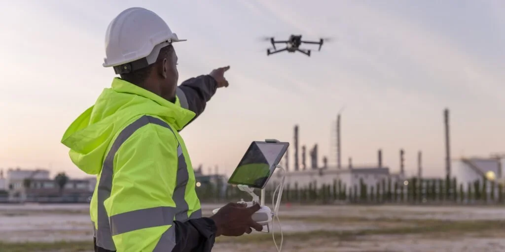 A person in a yellow safety jacket and hard hat flying a drone with a remote controller and a tablet, outdoors near industrial buildings at dusk.