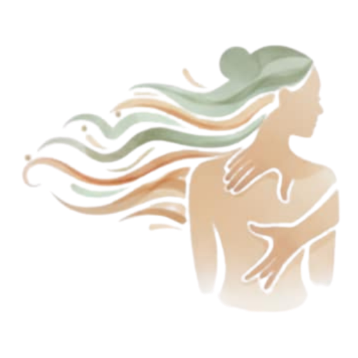 A hand-drawn watercolor figure of a woman with flowing hair and hands on her back.