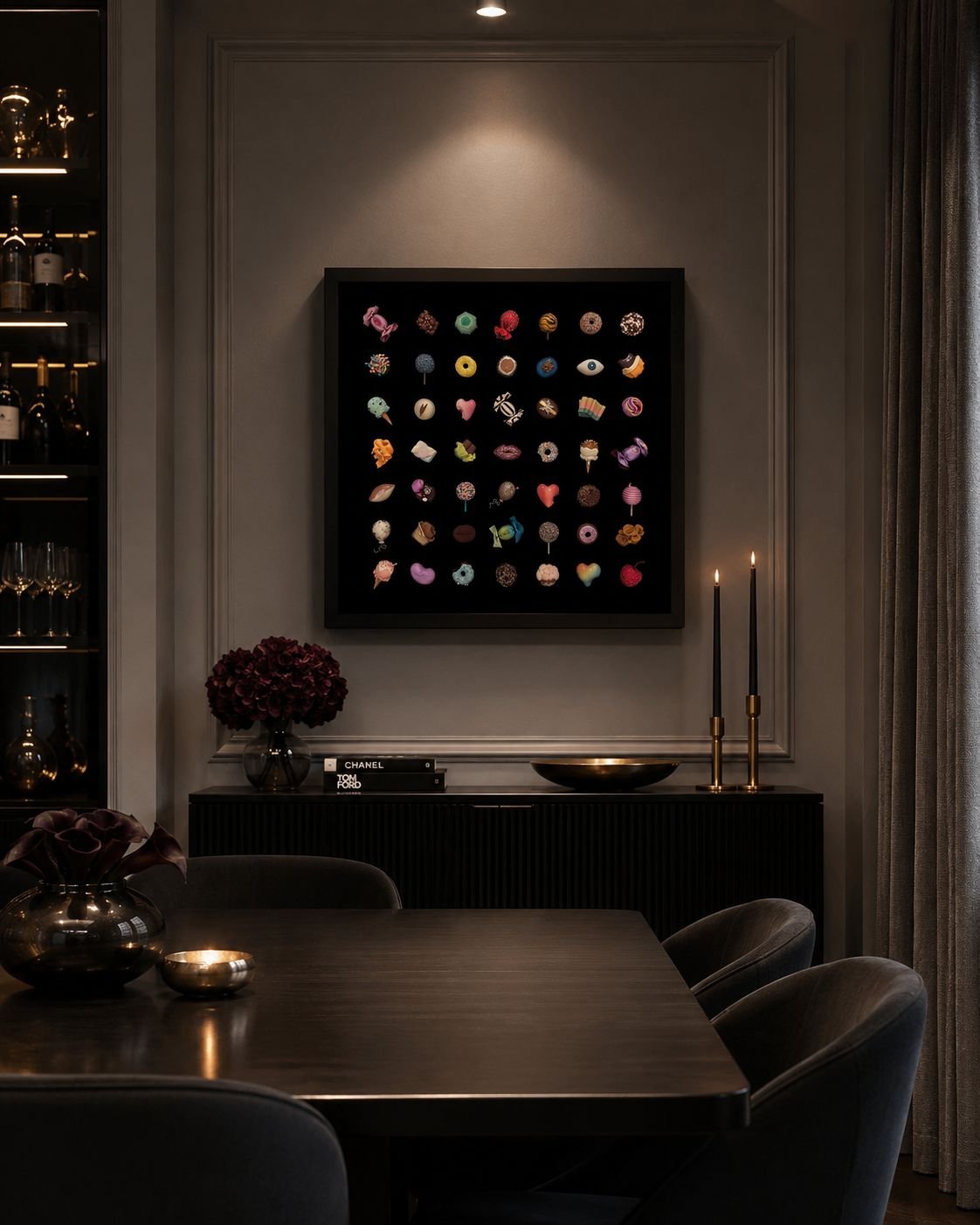 Interior of a dining room with a dark wooden table, black chairs, a wall-mounted display of colorful desserts, and elegant decor including candles, a vase with flowers, and books.