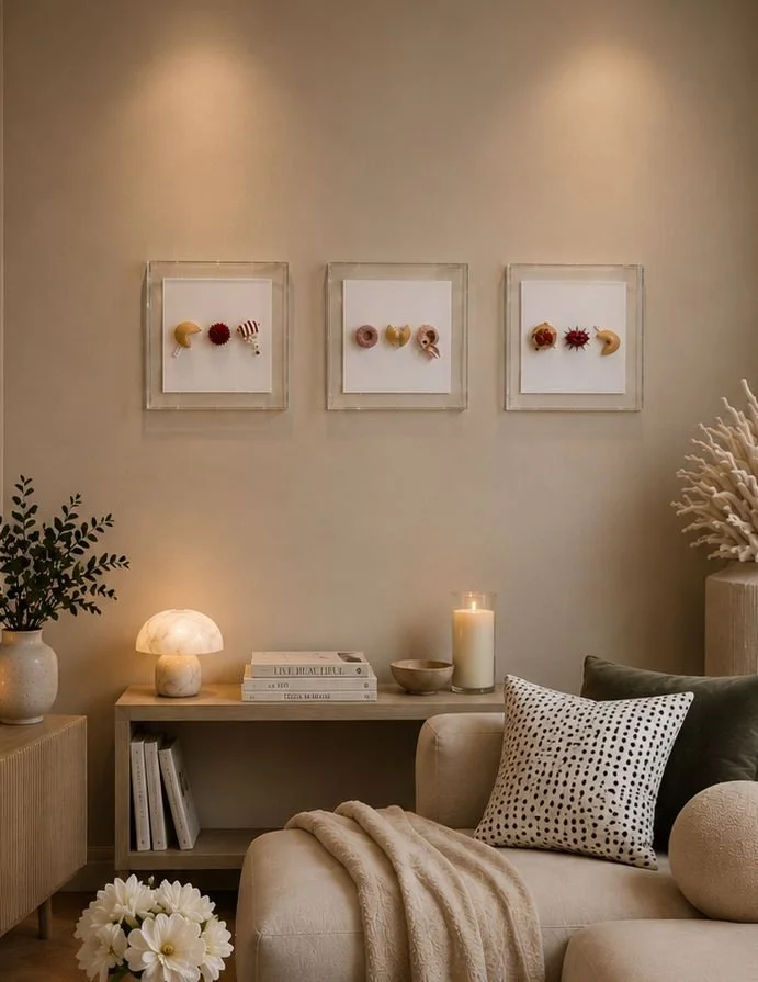 Living room decor with framed art, a sofa with patterned pillows, a lit candle, books, and decorative plants.
