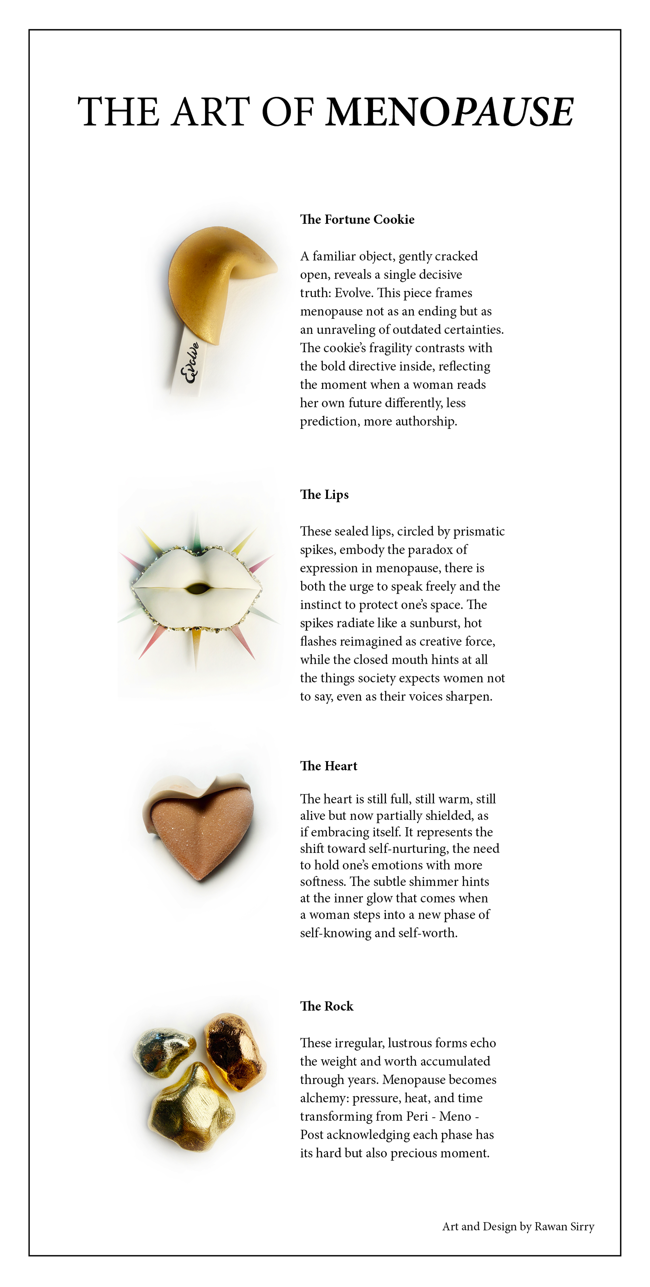 An infographic titled 'The Art of Menopause' featuring images of cookies shaped like a fortune cookie, lips, a heart, and rocks, each with descriptive text about menopause.