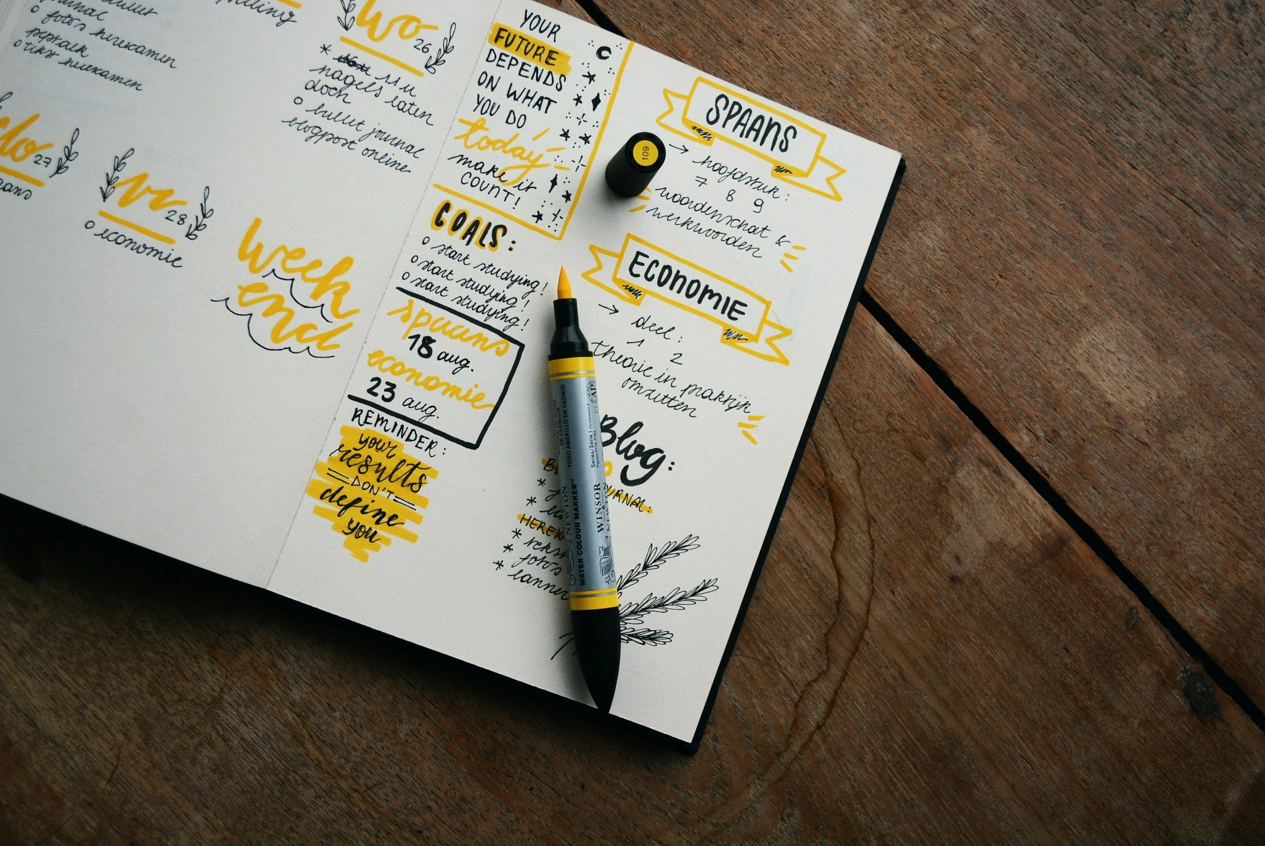 A white notebook open on a wooden surface, filled with handwritten notes in black ink and highlights in yellow. There is a black marker with a yellow cap resting on the notebook, and part of the wooden surface is visible in the background.
