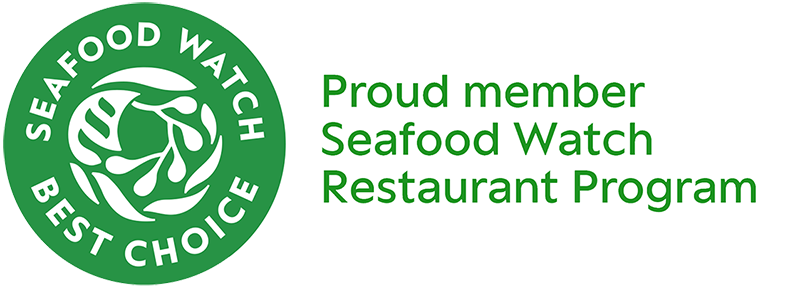 Green circular logo with a white stylized shrimp and the text 'Seafood Watch Best Choice'. To the right, green text reads 'Proud member Seafood Watch Restaurant Program'.