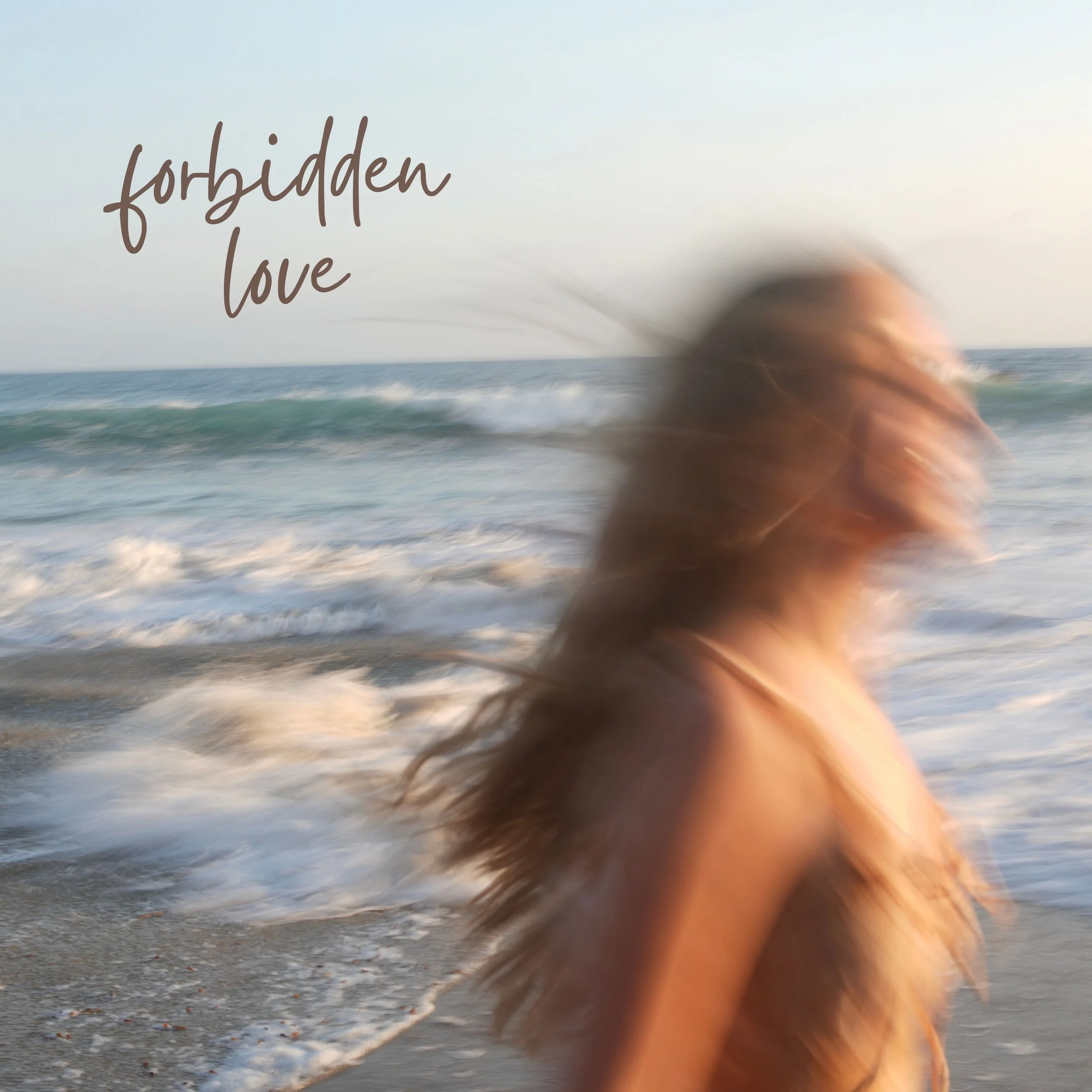A blurry photo of a beach with the ocean, waves, and sky, overlaid with the text 'forgiven love' in cursive.