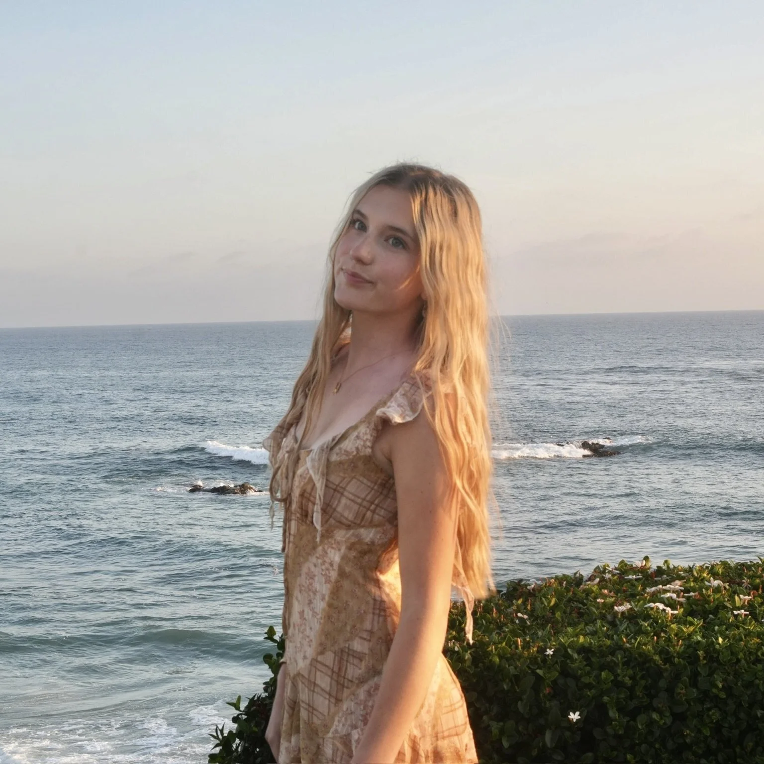A woman with long blonde hair standing near the ocean during sunset, wearing a plaid dress and looking at the camera.