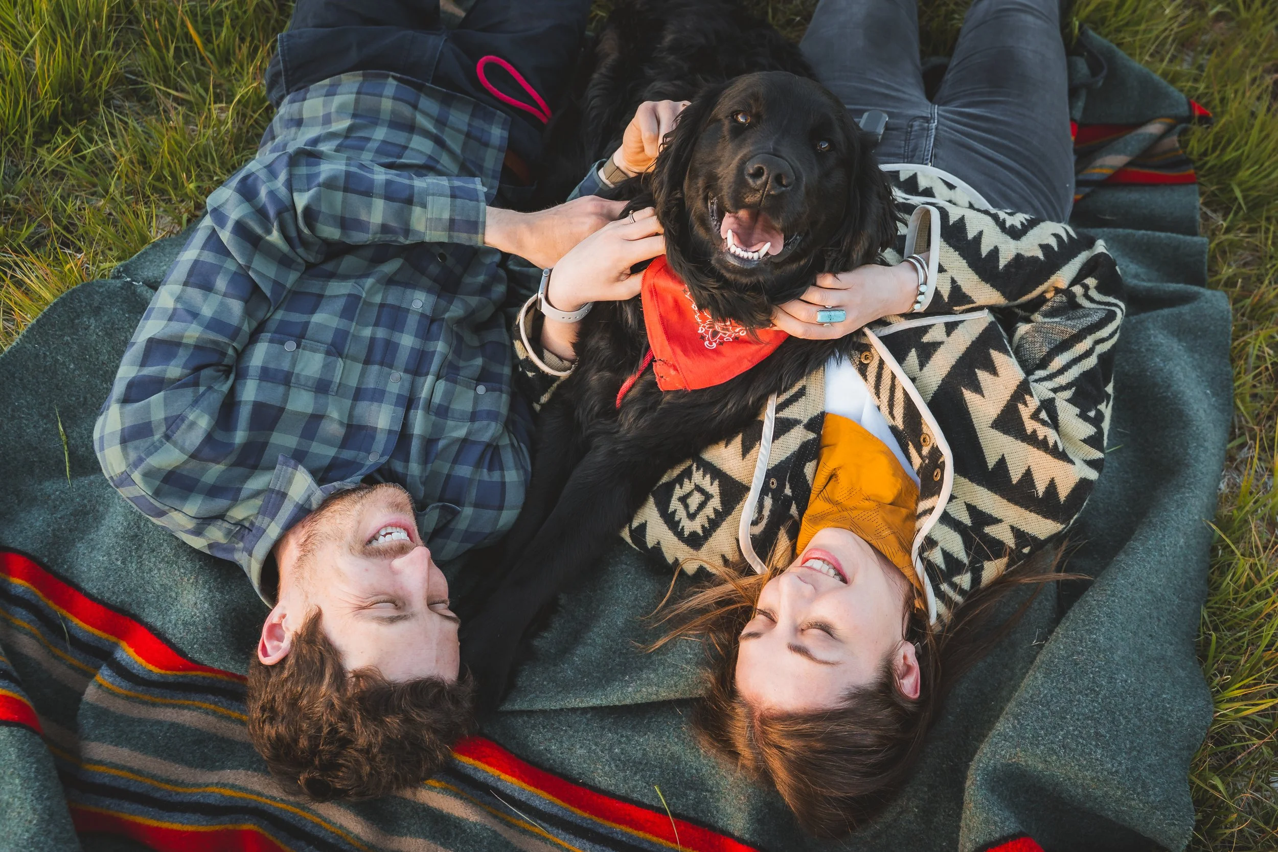 Four people and a black retriever dog lying on a blanket outdoors in a grassy area, smiling and enjoying each other's company.