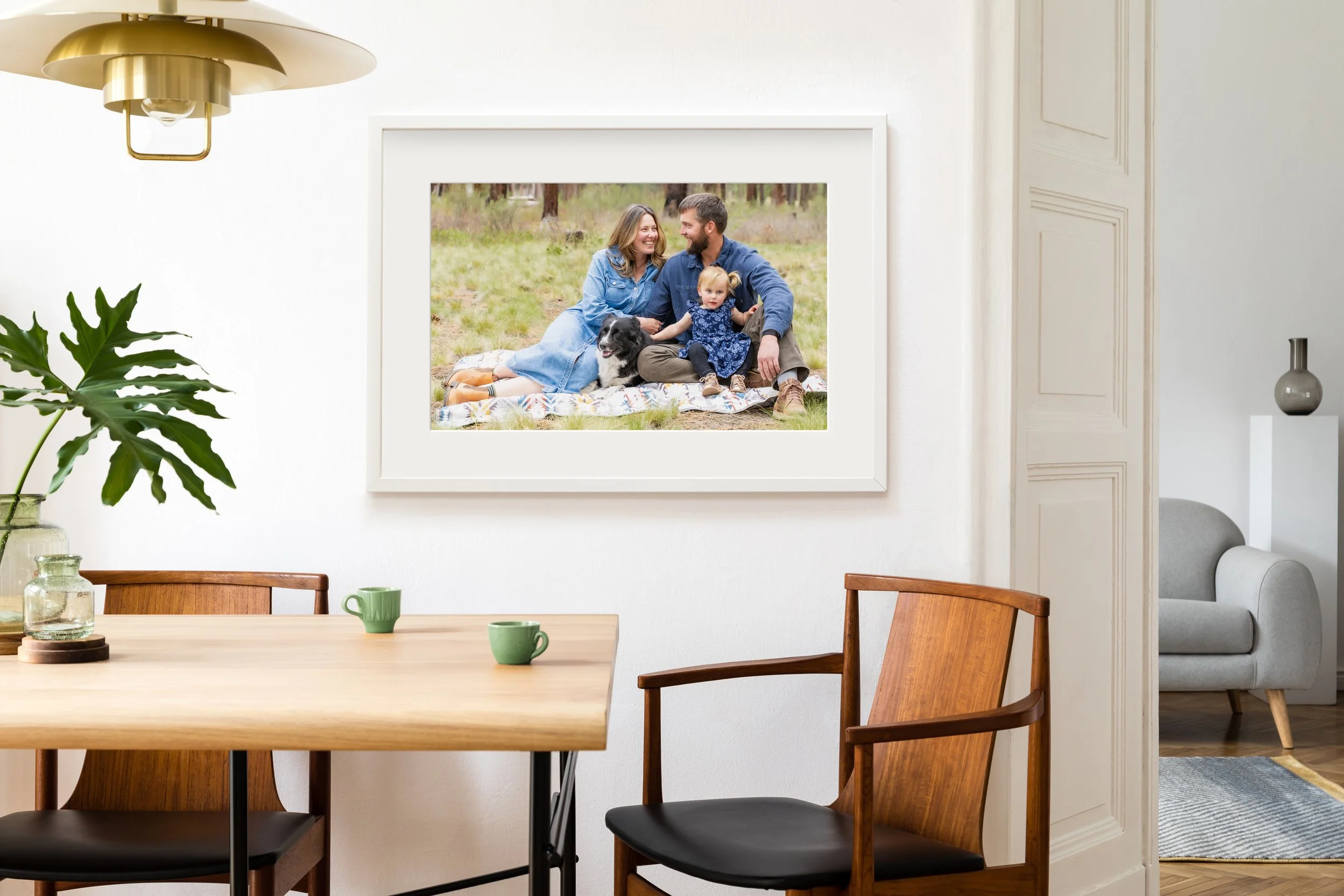 Framed family photo of a woman, man, and young girl with a dog, displayed on a white wall in a living room.