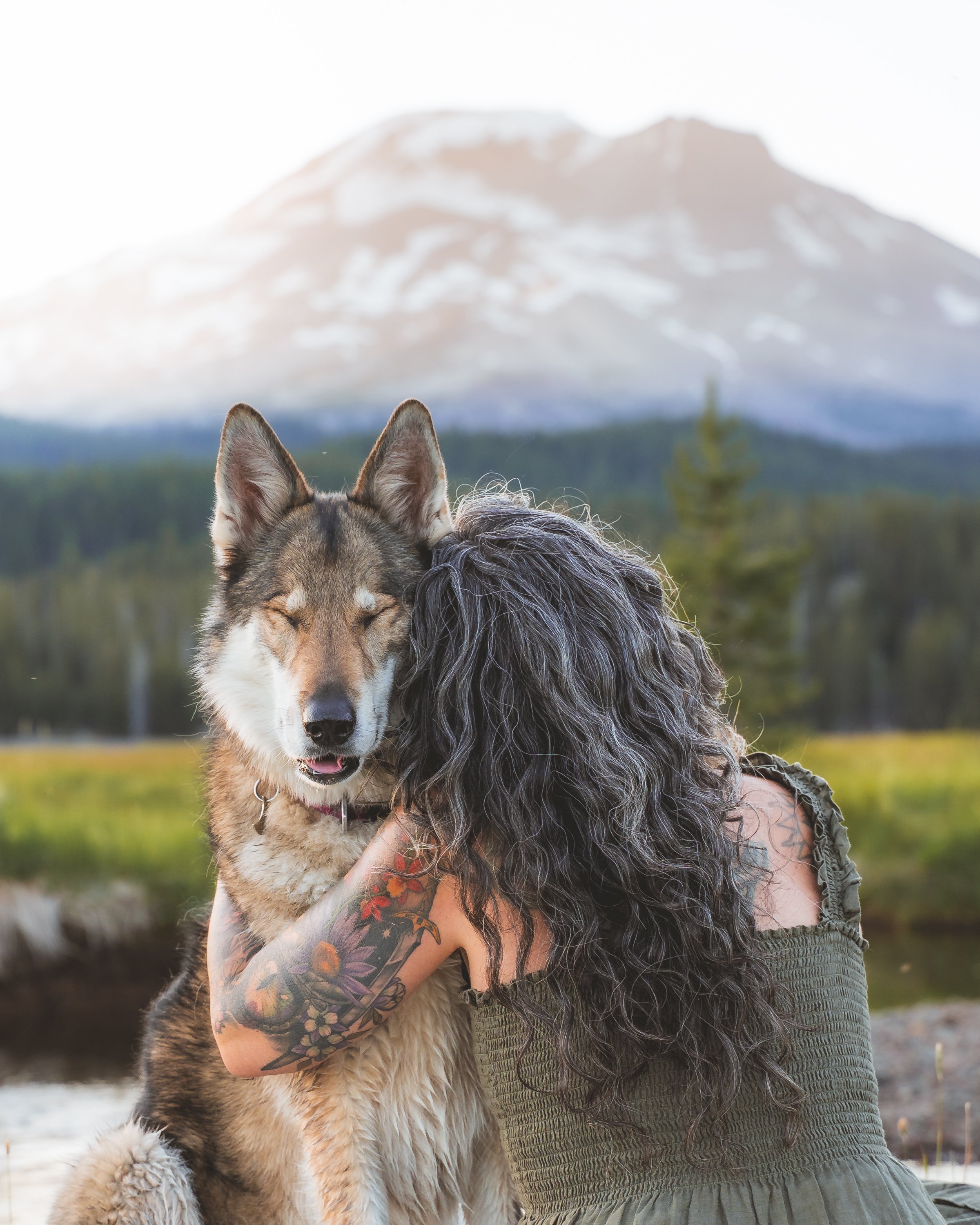 A woman with tattoos on her arm holding a husky dog with a mountain in the background.