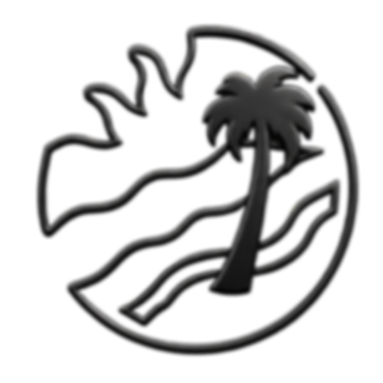 A stylized logo featuring a palm tree, waves, and a sun within a circular border.