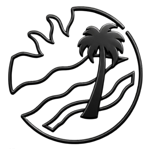 A black and white logo featuring a palm tree and a wave, with a circular outline.