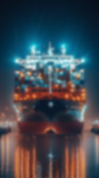 A large cargo ship docked at a port during nighttime, with bright lights illuminating the vessel and reflecting on the water.