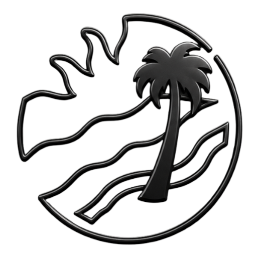 Stylized black emblem featuring a palm tree, a sailboat, waves, and a red section at the base, enclosed in a circular shape.