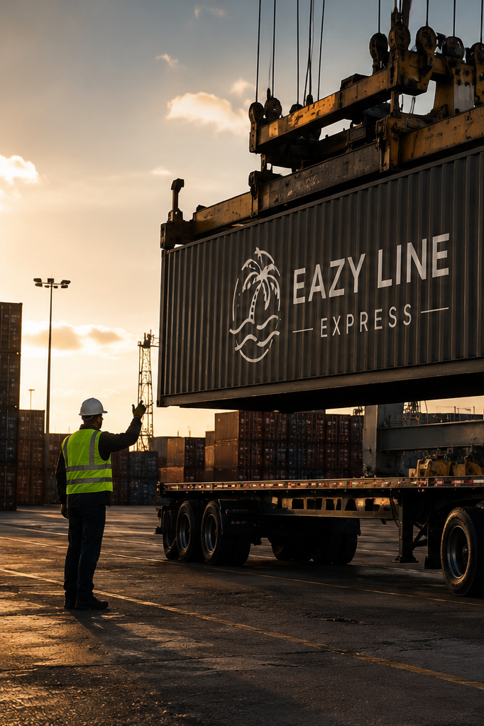 A worker in a yellow safety vest and white hard hat gestures next to a shipping container with 'Eazy Line Express' logo, being loaded onto a flatbed truck at a port during sunset.