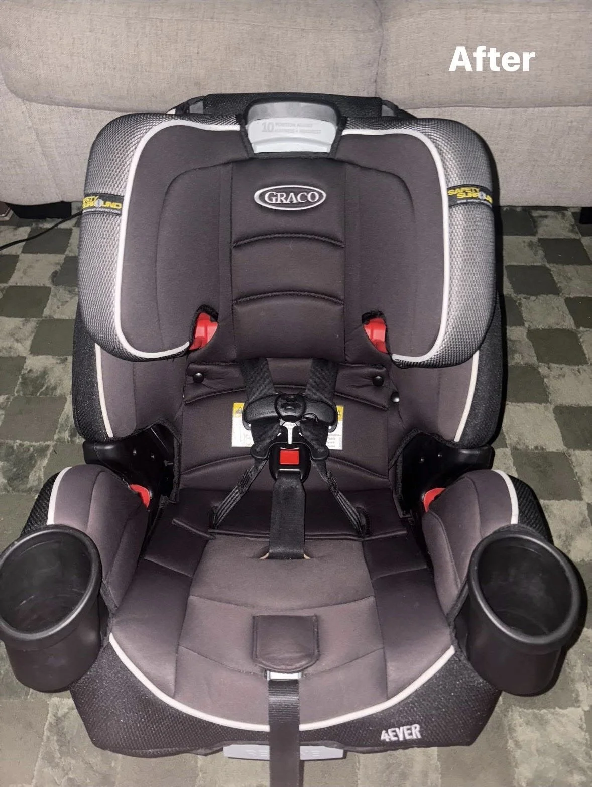 New black and gray Graco child car seat with harness, cup holders, and labeled as 'After' for after installation.