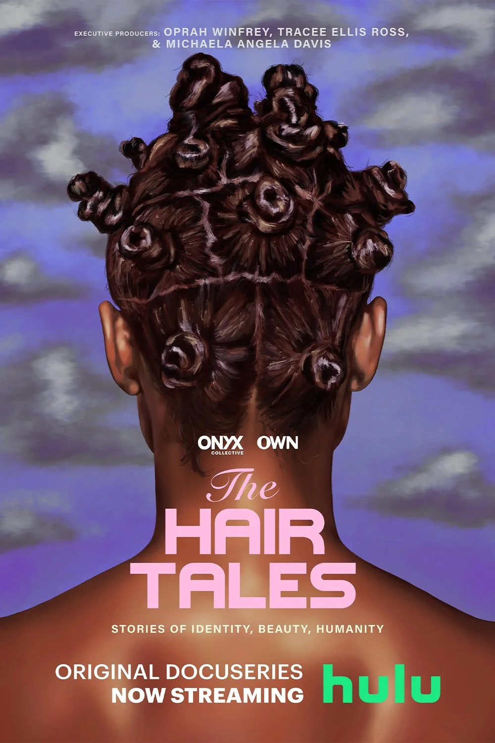 Back of a person's head with hair styled in finger coils, set against a background of a partly cloudy sky with purple and gray clouds. The image includes text promoting the documentary series "The Hair Tales" on Hulu. Post Producer: Travis Preston