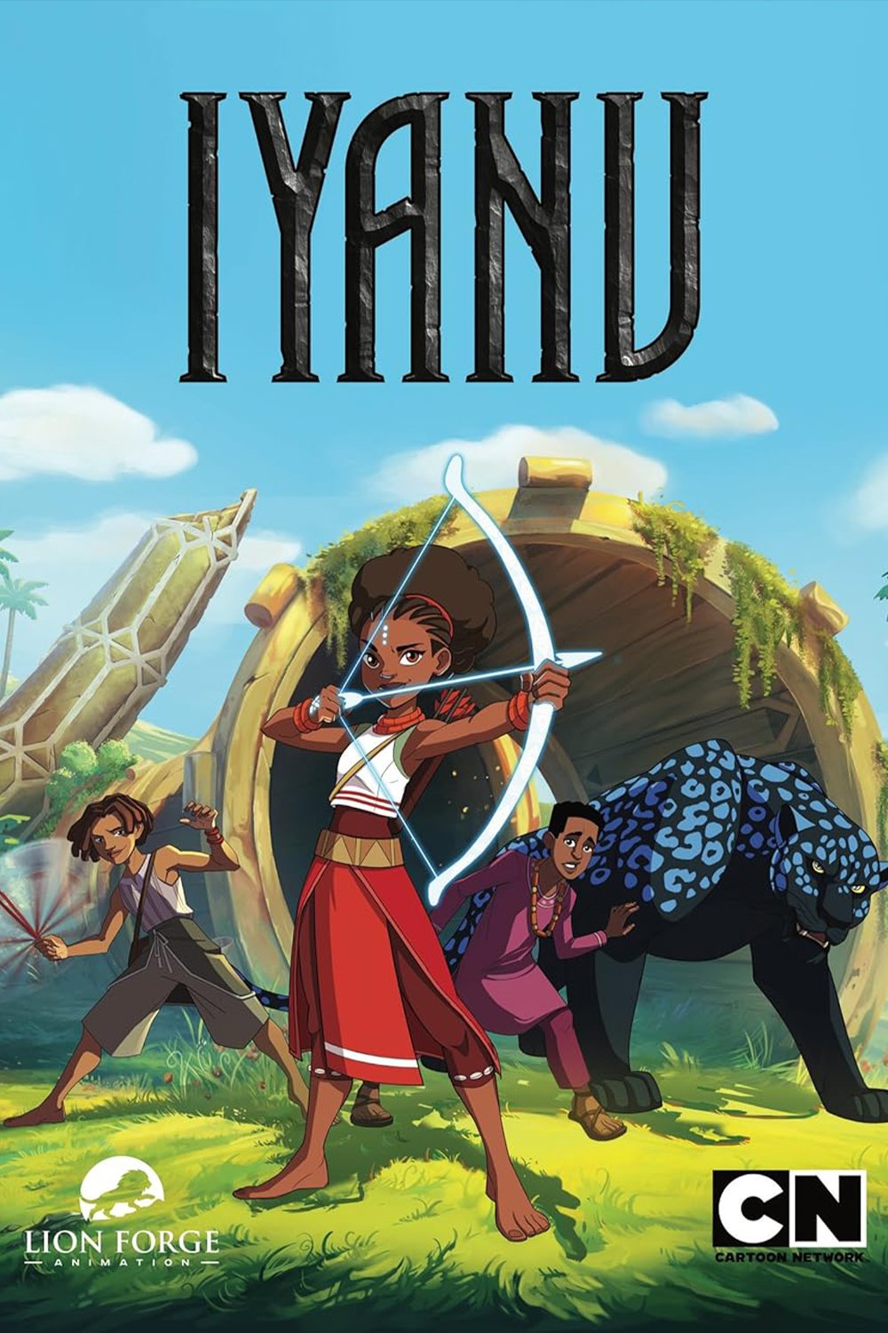 Animated characters from the Cartoon Network and HBO MAX series 'Iyanu' standing in front of a lush jungle in front of a blue- and black spotted jaguar. Post production for the series was produced by Travis Preston.