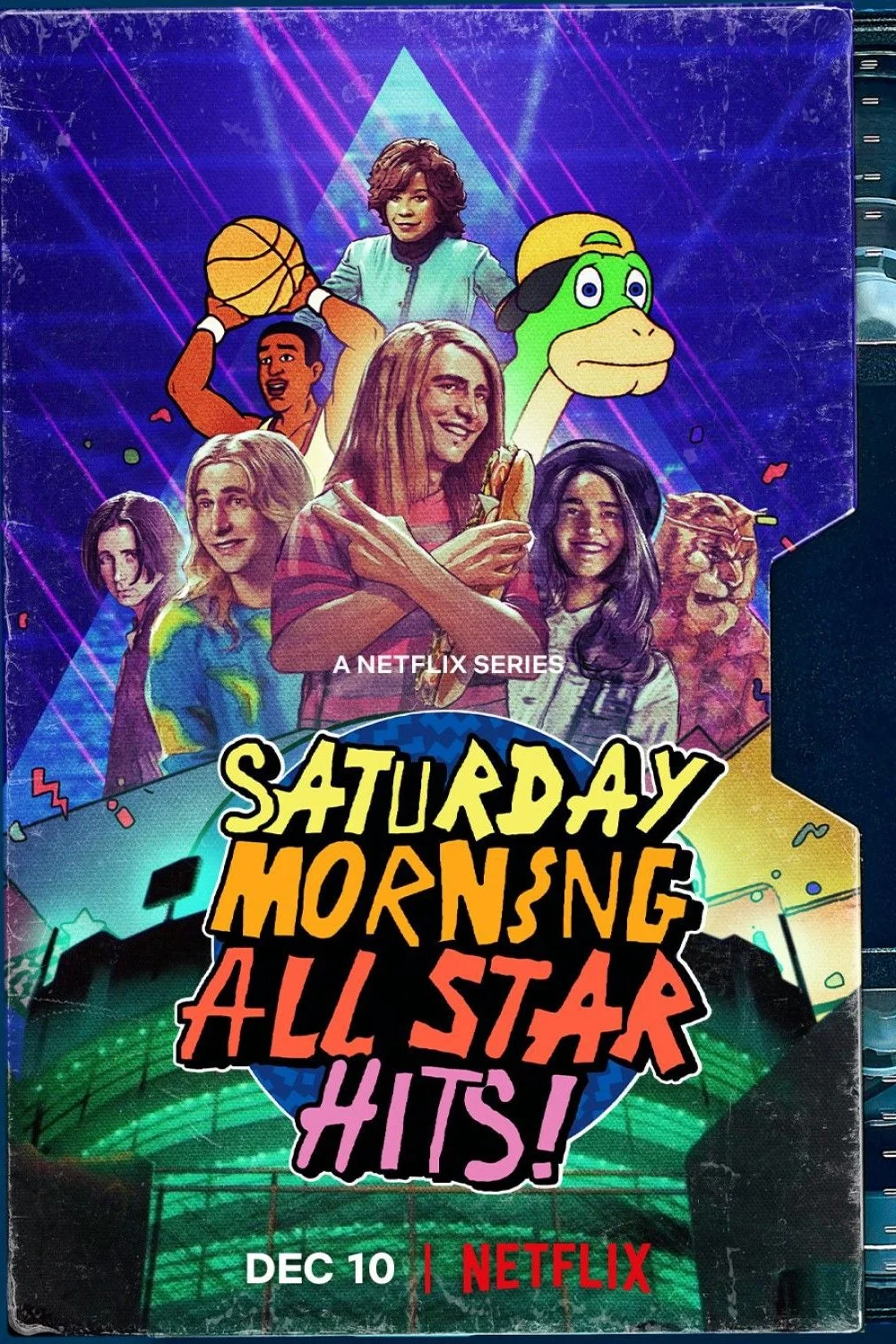 Colorful promotional poster for Netflix series "Saturday Mornings All Star Hits!" featuring animated and illustrated characters with a vibrant background and neon effects. Post Production Producer: Travis Preston