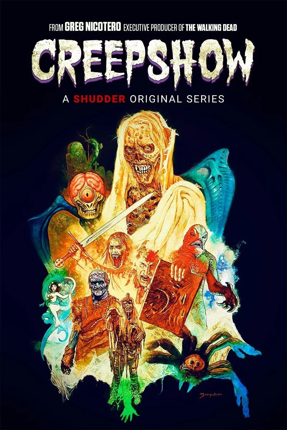 Poster for the AMC Shudder horror anthology series 'Creepshow' from 2022 featuring various horror characters and monsters with dark background. All television and post production for the show took place in Atlanta. Directed by Greg Nicotero