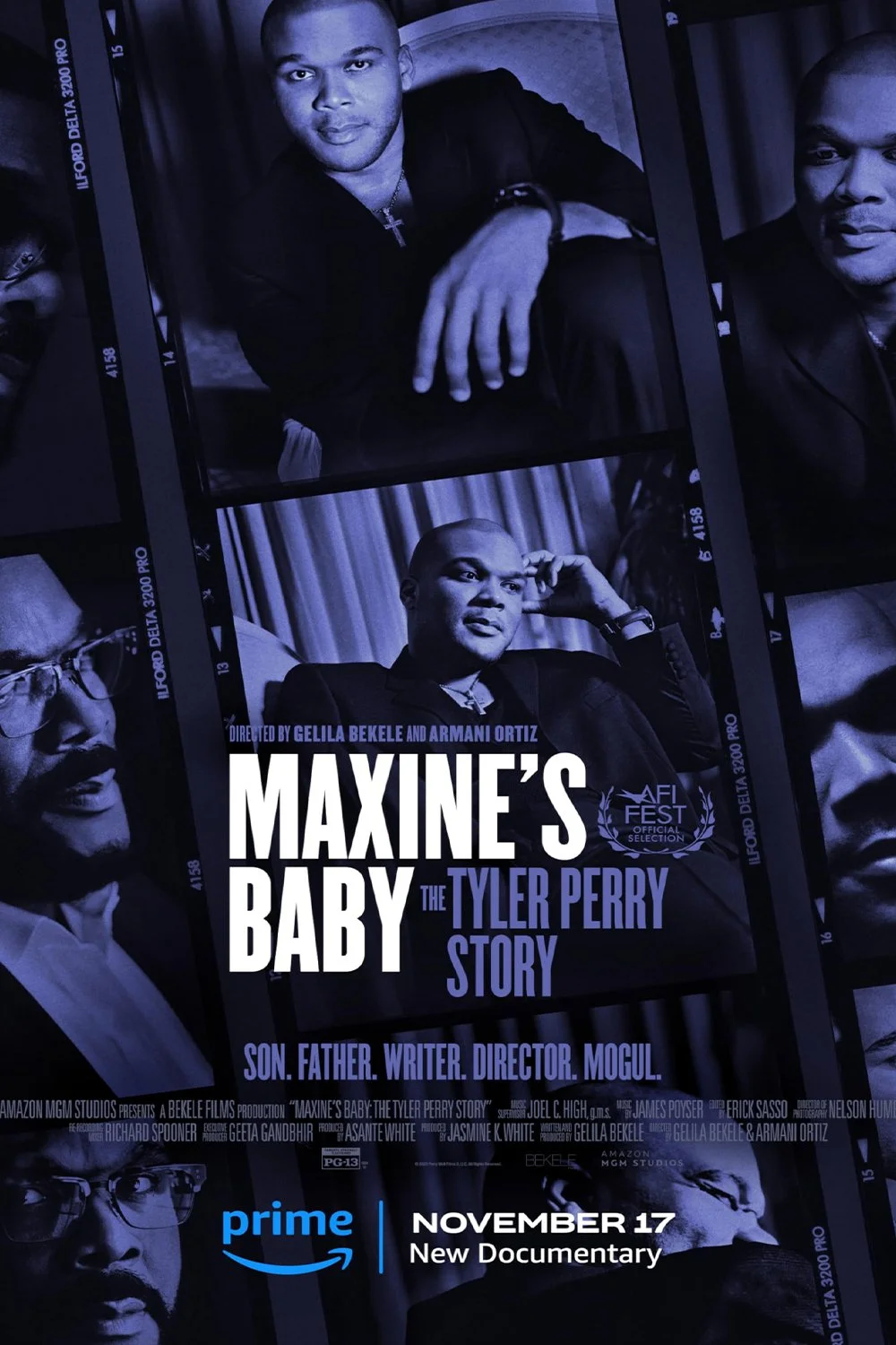 Poster for the documentary 'Maxine's Baby: The Tyler Perry Story,'. It includes text about the film's release on Prime Video and the directors Gelila Bekele and Armani Ortiz. Travis Preston was the in-house post producer of the film at Moonshine Post