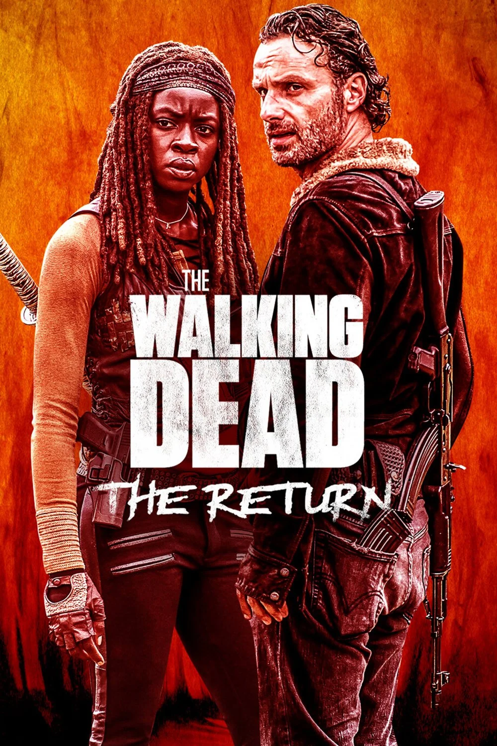 Poster for 'The Walking Dead: The Return' showing two characters, a woman with long braided hair and a man with curly hair and beard, both armed, standing against an orange background. Post Producer: Travis Preston