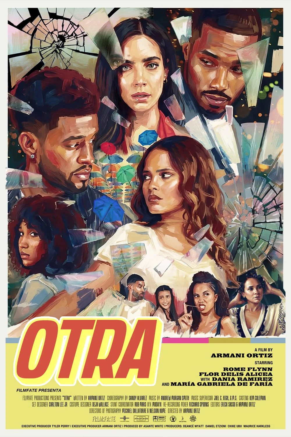 Colorful poster for the film 'Otra', showing five main characters with expressive faces, colorful umbrellas, and broken glass effects, with marquee-style title and credits at the bottom. Post produced by Travis Preston
