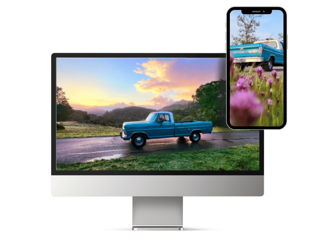 Desktop and mobile mockups of F100 classic pickup truck backgrounds.