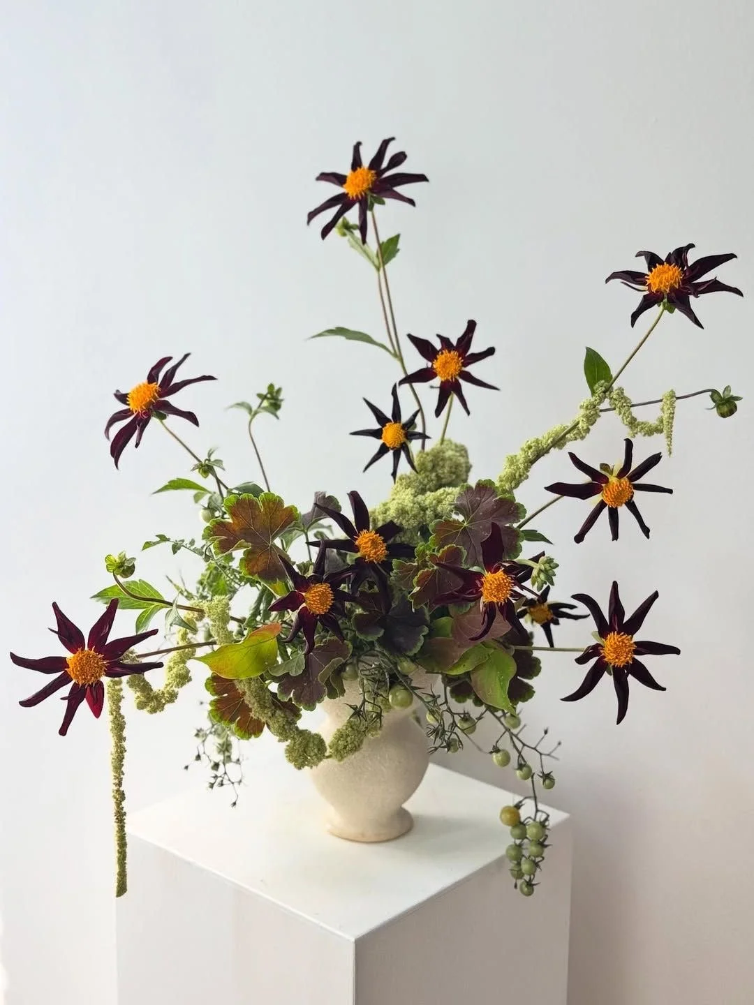 A floral arrangement in a white ceramic vase on a white pedestal, featuring dark purple flowers with yellow centers, green and reddish leaves, and cascading green berries against a plain white background.