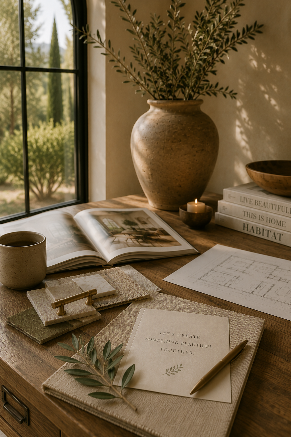 A wooden desk near a window with view of green trees and bushes, holds a large ceramic vase with greenery, an open magazine, a stack of books, a lit candle, a mug, fabric samples, a notepad with a quote, and a gold pen, in a cozy, natural-lit room.