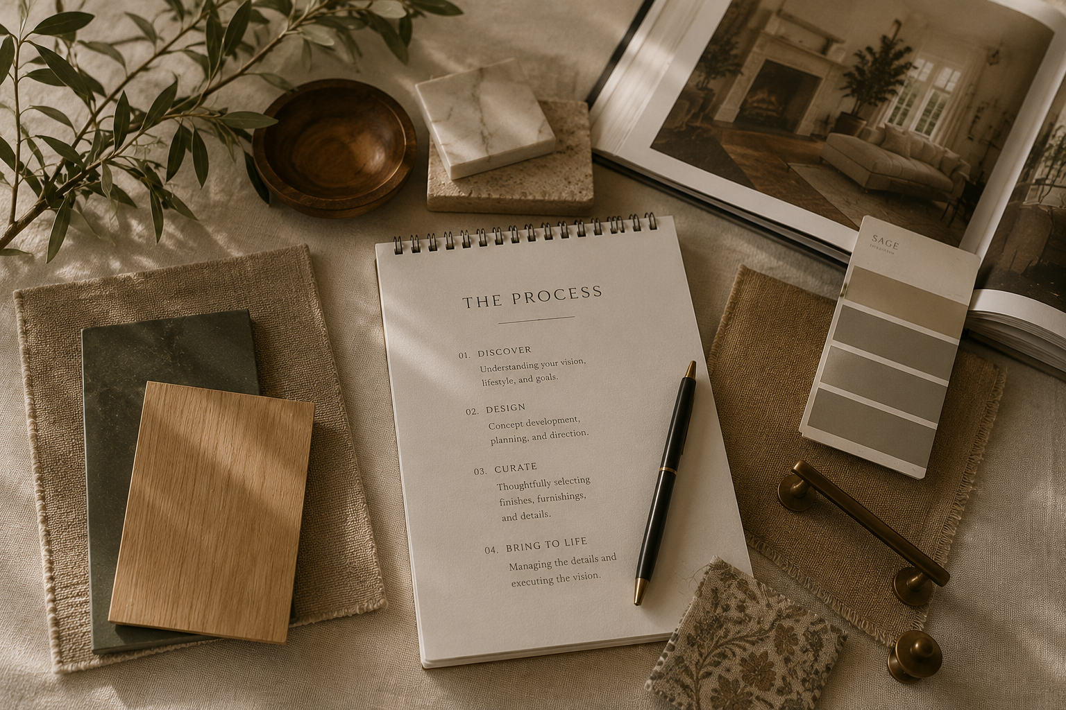 Office desk with design planning materials, including a spiral notebook with 'The Process' listed steps, color swatches, fabric samples, and a photo book of interior rooms.