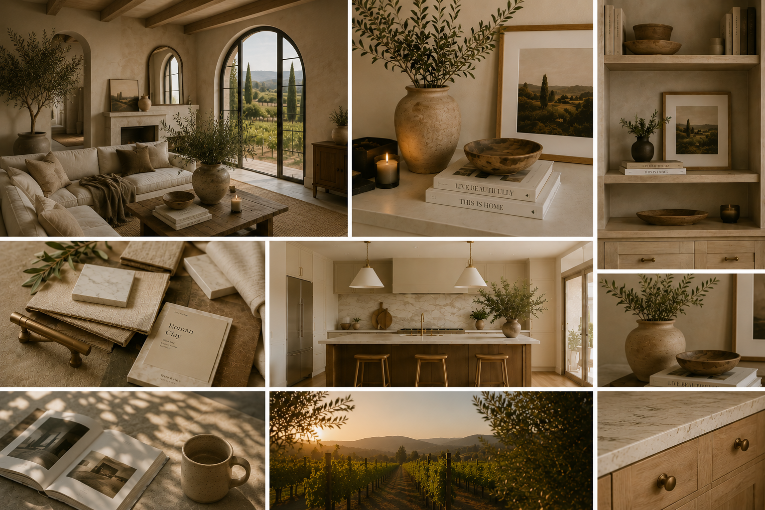 Collage of images showcasing a cozy, neutral-toned living space with large windows overlooking a vineyard, a kitchen with marble countertops and bar stools, decorative vases with greenery, and a book open on a table.