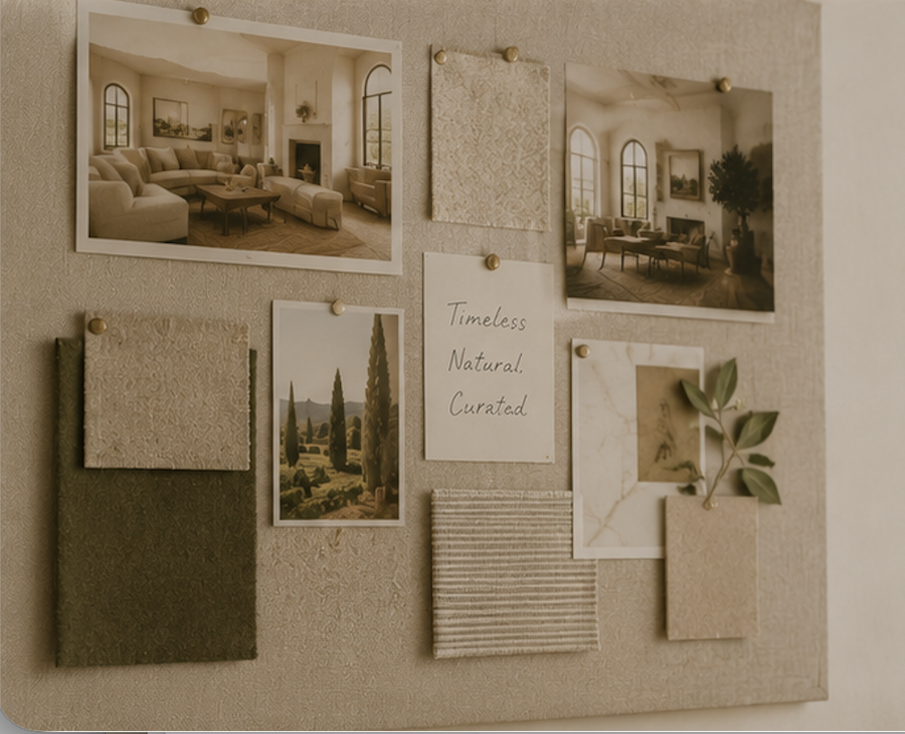 Display board with interior photos, fabric swatches, and a note that reads 'Timeless, Natural, Curated', used for interior design inspiration.