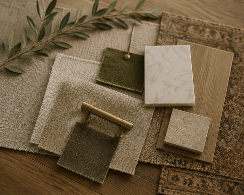 Interior design materials including fabric swatches, marble and wood samples, a brass drawer pull, and a green leaf branch.