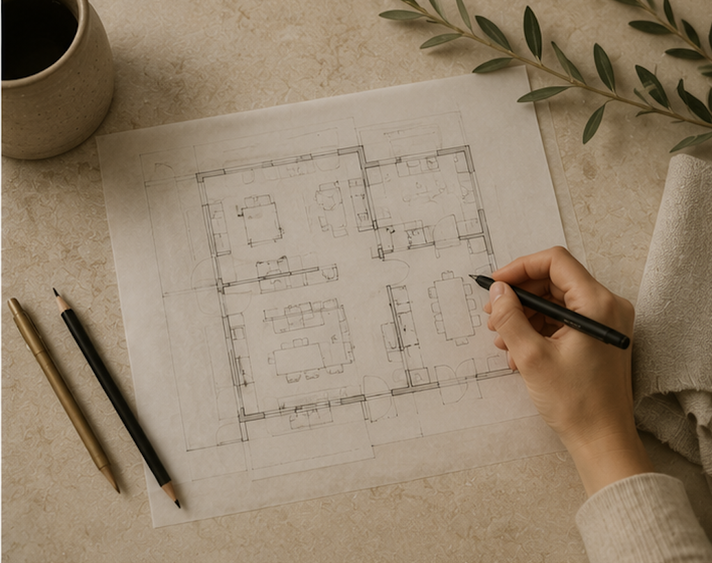 Person drawing a house floor plan on paper with a black pen, with pencils, a cup of coffee, a green plant, and a rolled-up towel on a beige surface.