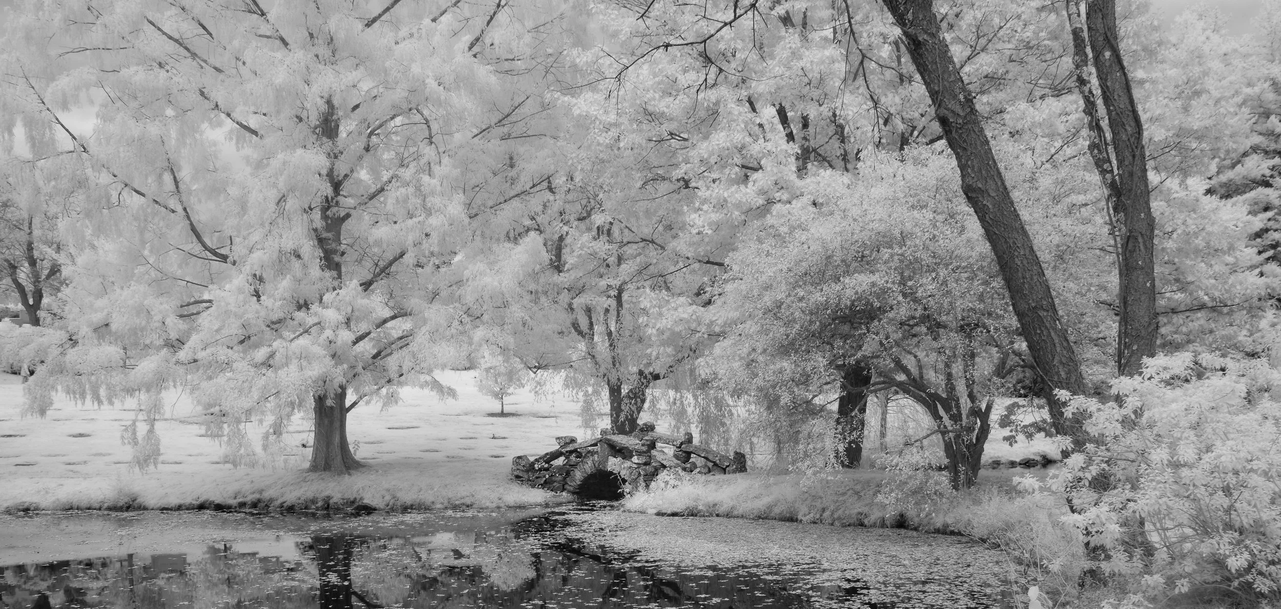 A black and white image of a peaceful river scene with trees along the riverbank, a small stone bridge arching over the water, and calm reflective water surface.