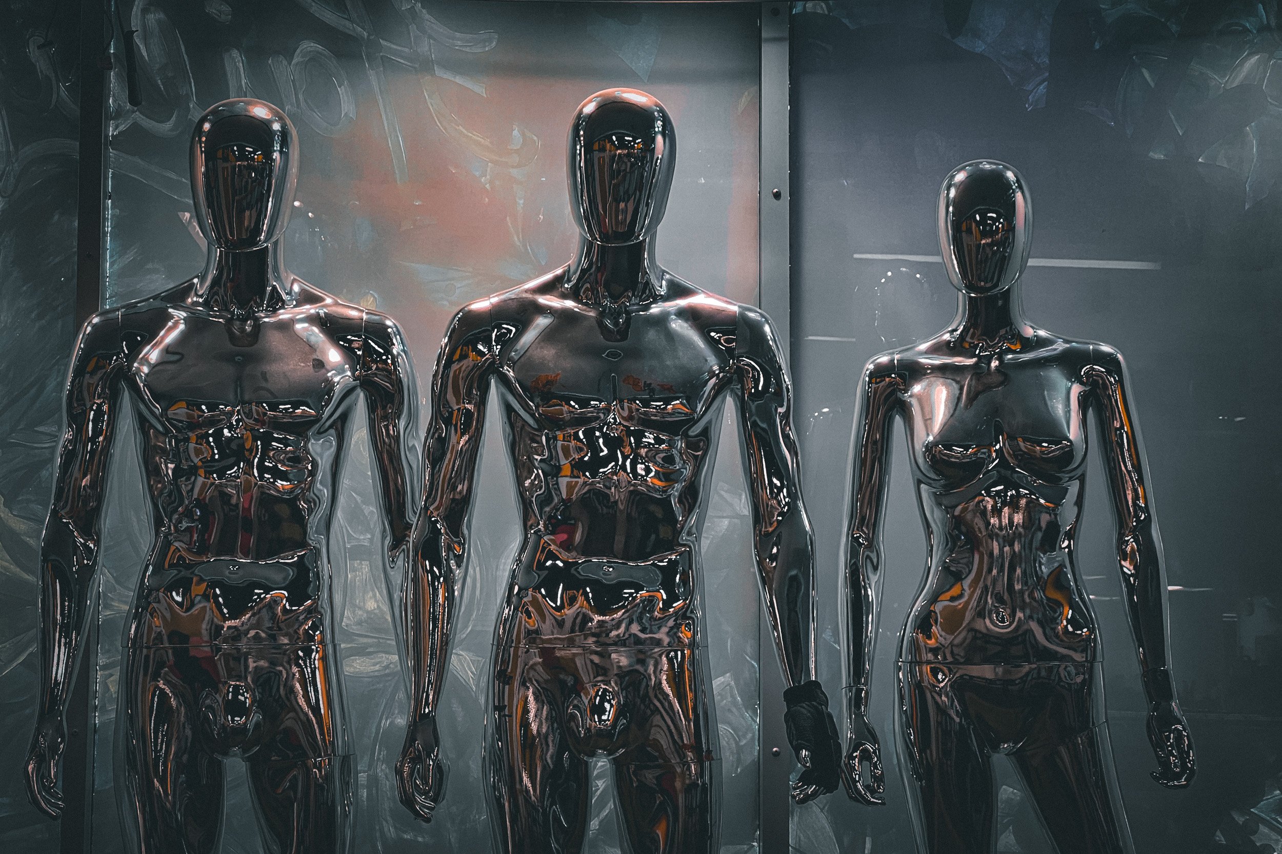 Three shiny, metallic humanoid mannequins without faces standing side by side in front of a reflective backdrop.