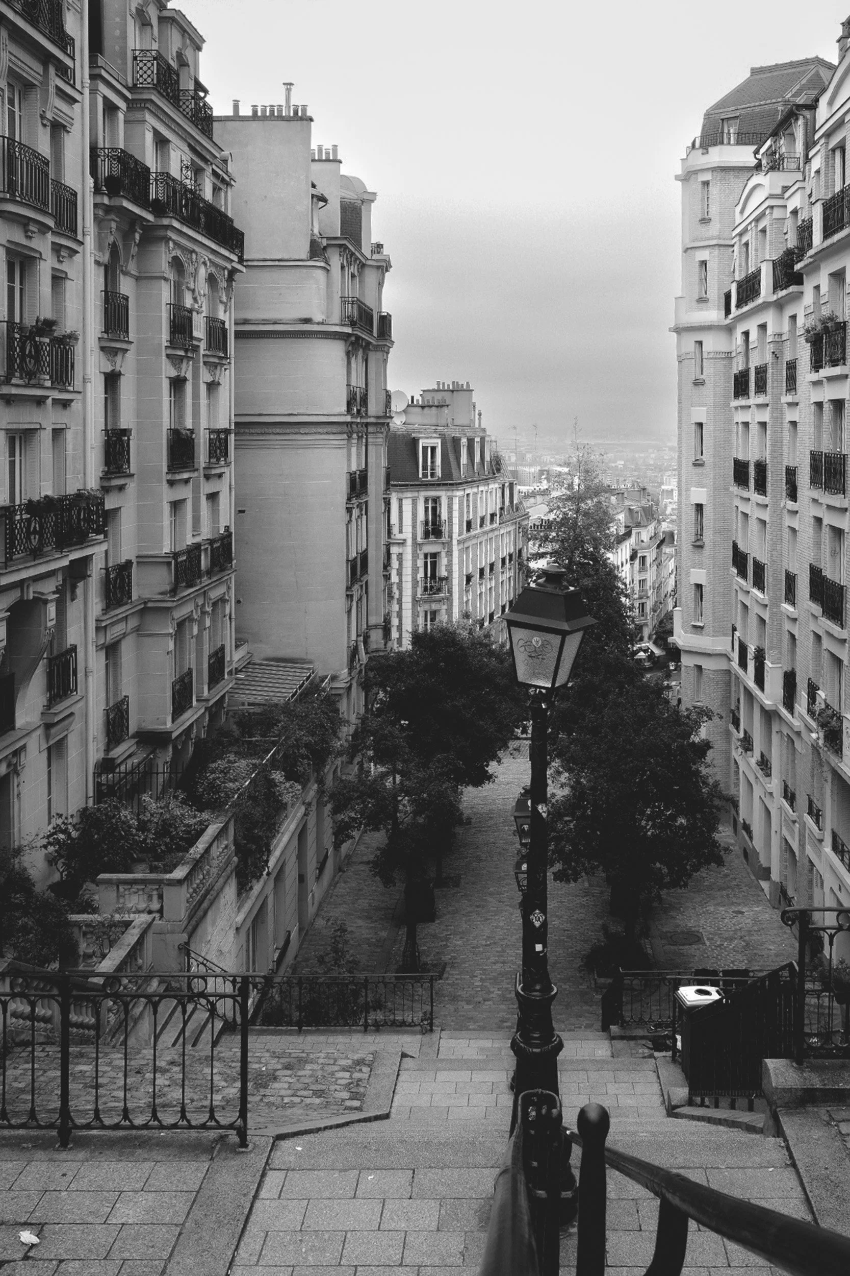 Black and white photo of a Parisian street scene showing apartment buildings with balconies, a tree-lined cobblestone street, a park bench, and a lamppost in the foreground.
