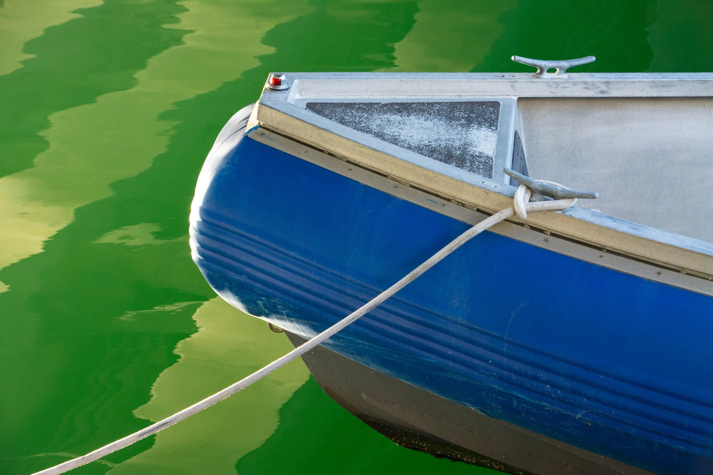 Close-up of the bow of a blue boat tied to the dock with a white rope, floating on green water.
