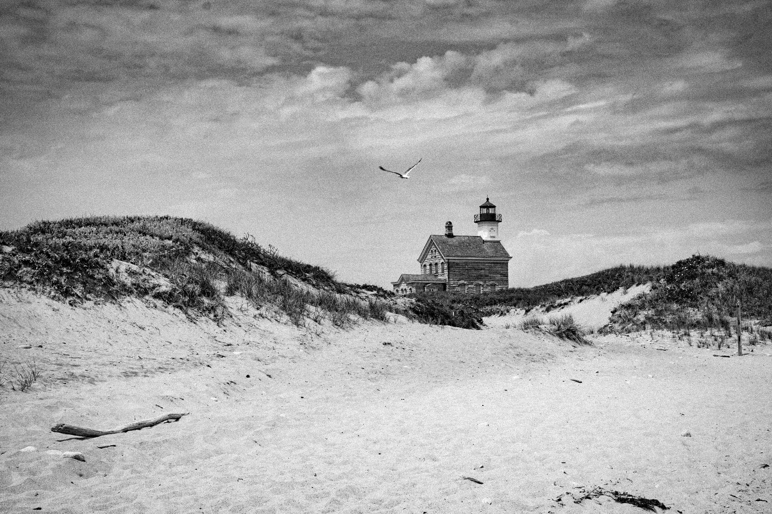 A black-and-white photograph of a beach with sand dunes and sparse vegetation. In the background, there is a lighthouse building with a tower and a small porch, situated among the dunes, with a bird flying in the sky above.