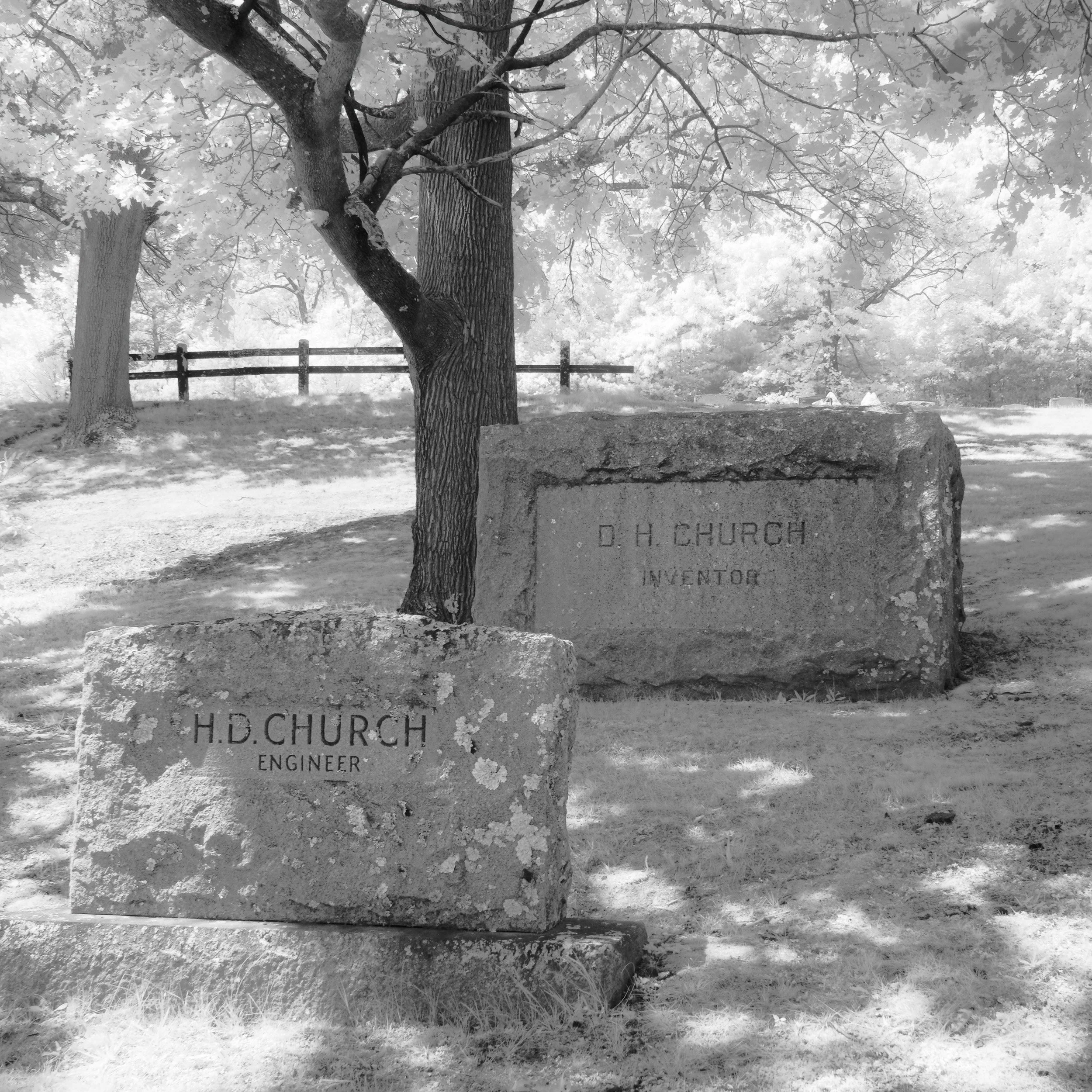 A black and white photograph of a park scene with large trees and a wooden fence. In the foreground, a stone marker with engraved text is partially visible behind a tree. The background features a dense canopy of tree leaves and a faint structure in 