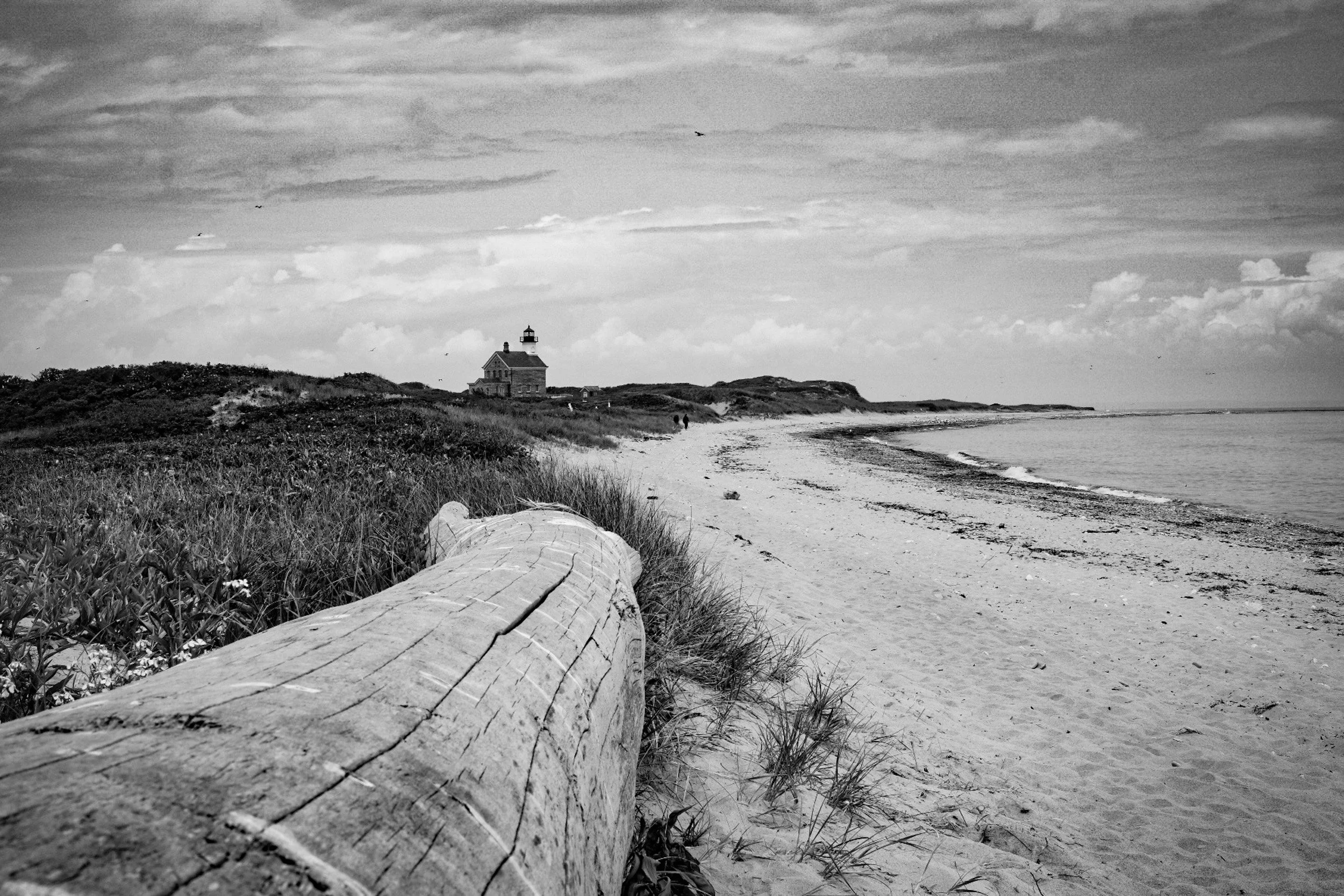A black and white photo of a beach with sand dunes and a large driftwood log in the foreground, a lighthouse house on the dunes, and the ocean in the background, under a partly cloudy sky.