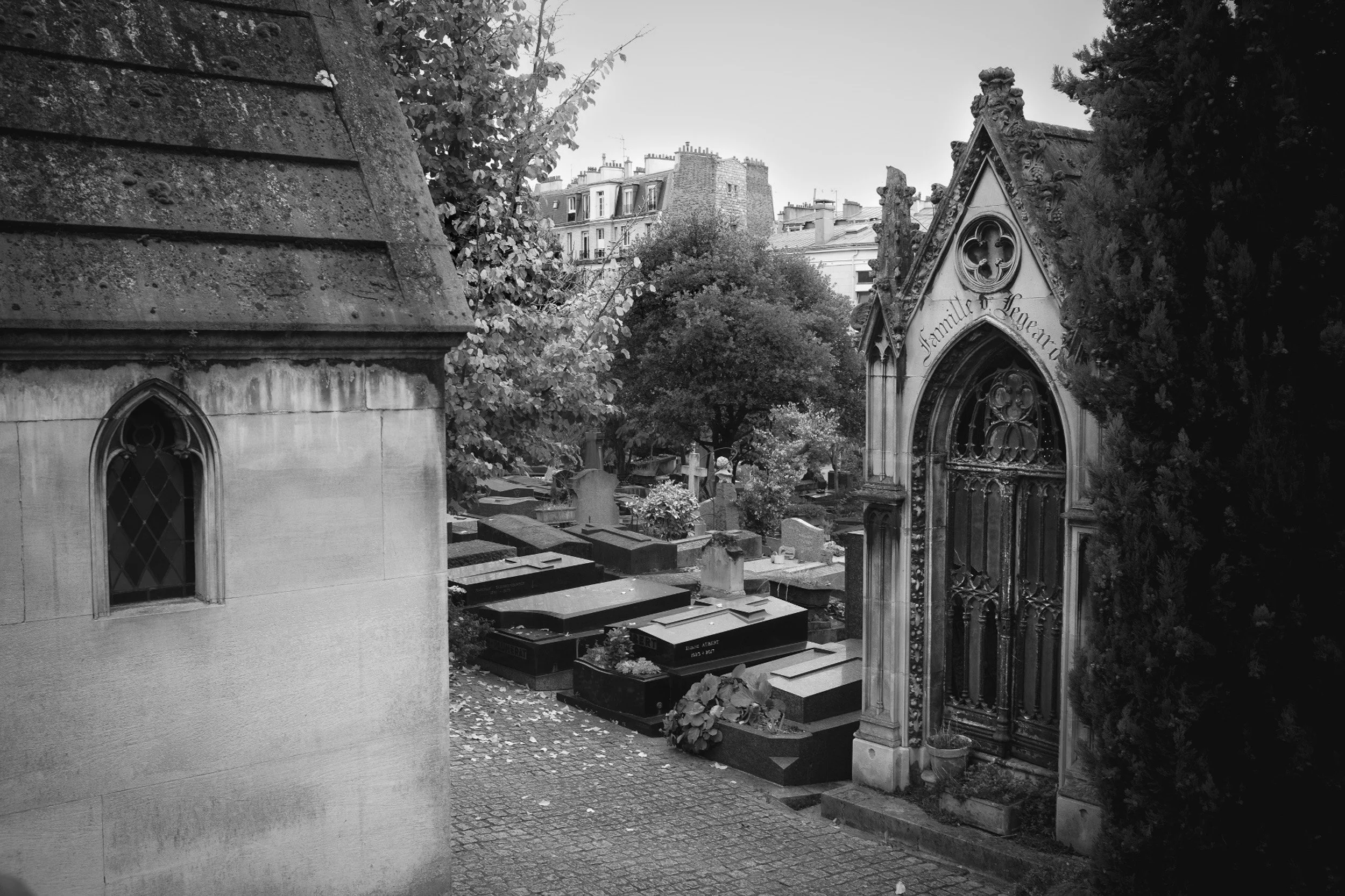 Black and white photo of a historic cemetery with tombstones and mausoleums, surrounded by trees, with Parisian buildings in the background.