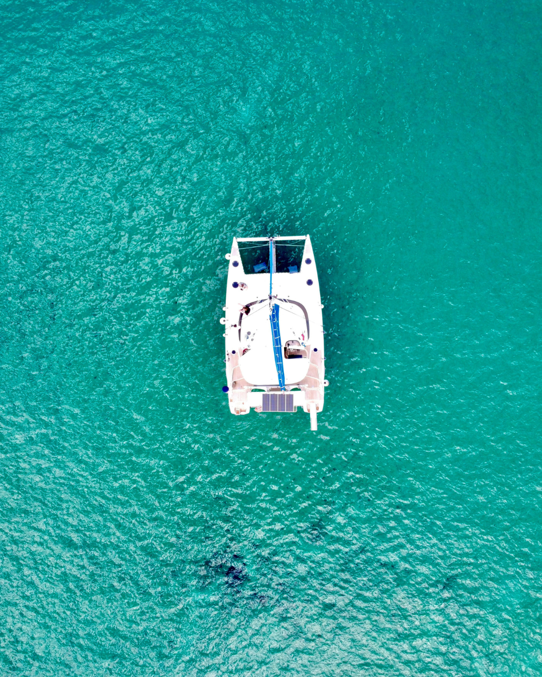 Aerial view of a white yacht floating on clear turquoise water with sunlight reflecting on the surface. Catamaran, Cancun, Private vessel, Private catamaran