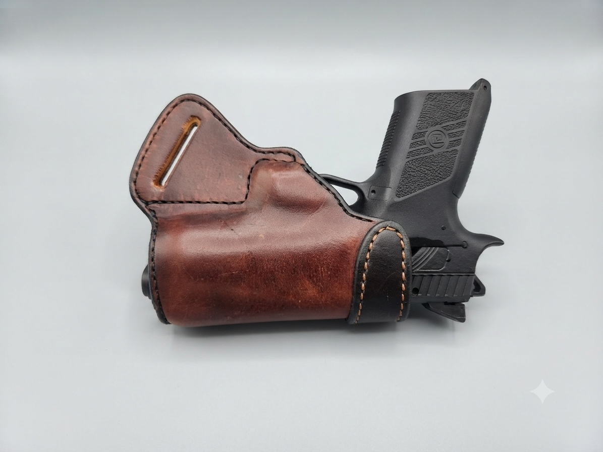 A black handgun in a brown leather holster on a plain white surface.