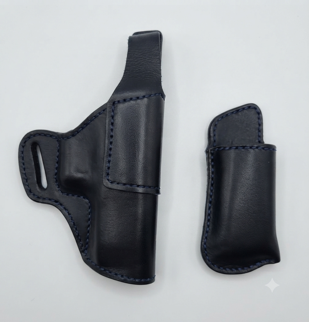 Black leather gun holster with blue stitching and a matching black leather pouch.