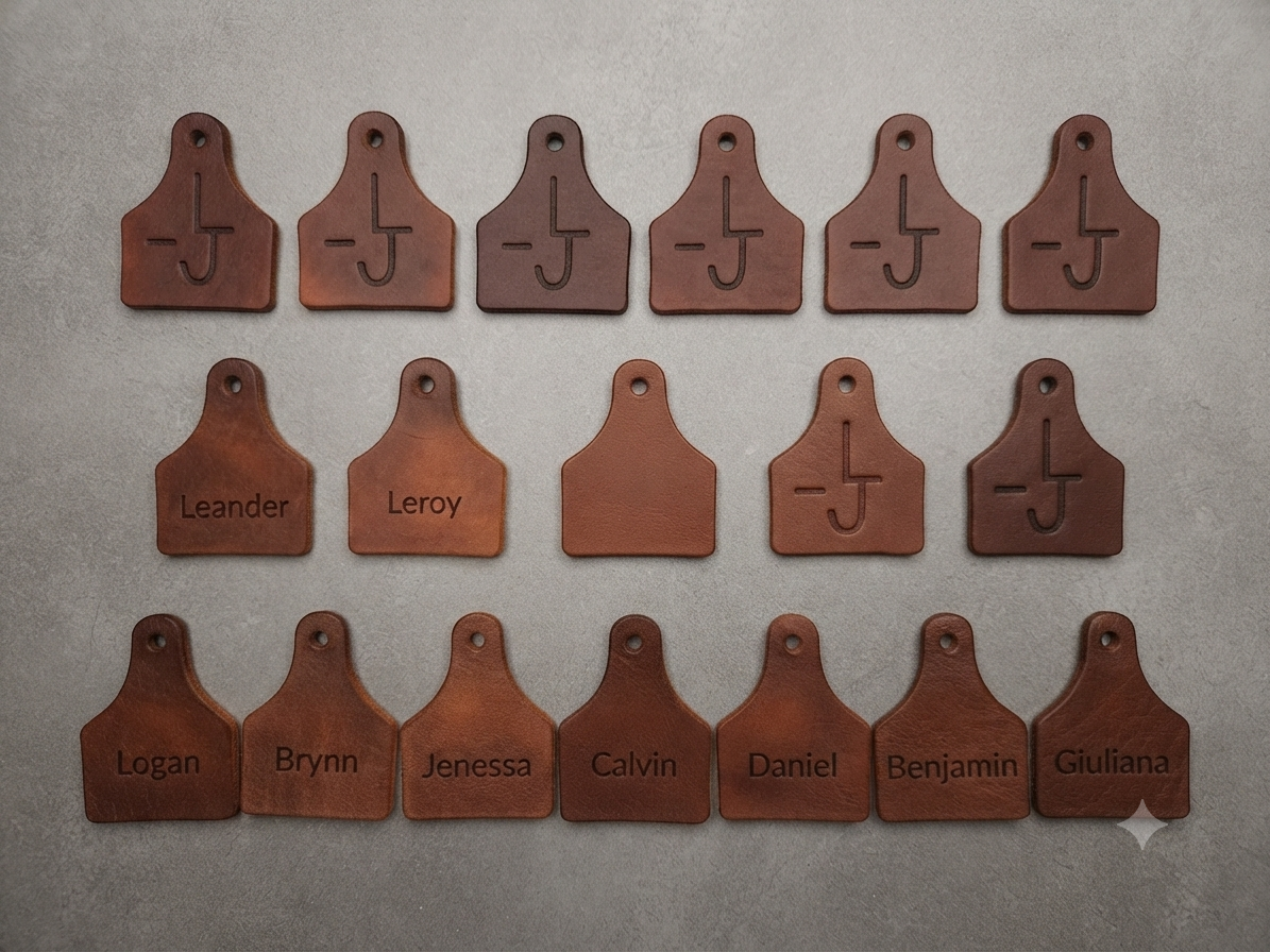 Multiple leather key tags with names and logo, arranged in rows on a gray background.