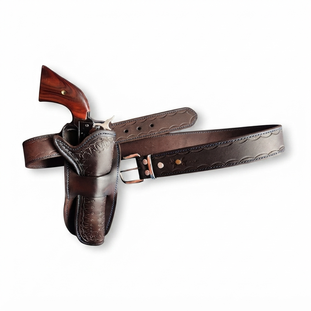 A leather holstered revolver with a wooden grip and matching leather belt.