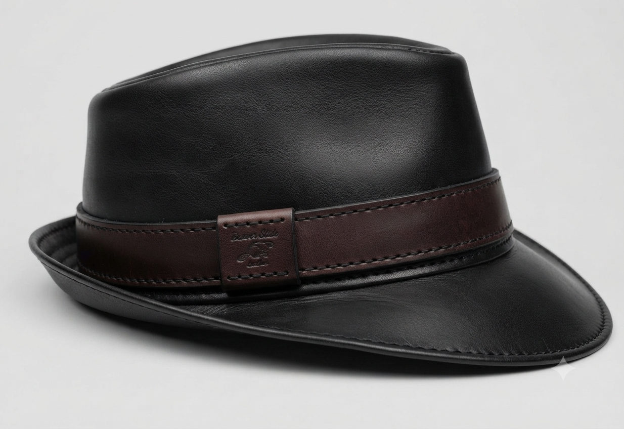 Black leather fedora hat with a brown band across the crown, displayed against a plain white background.